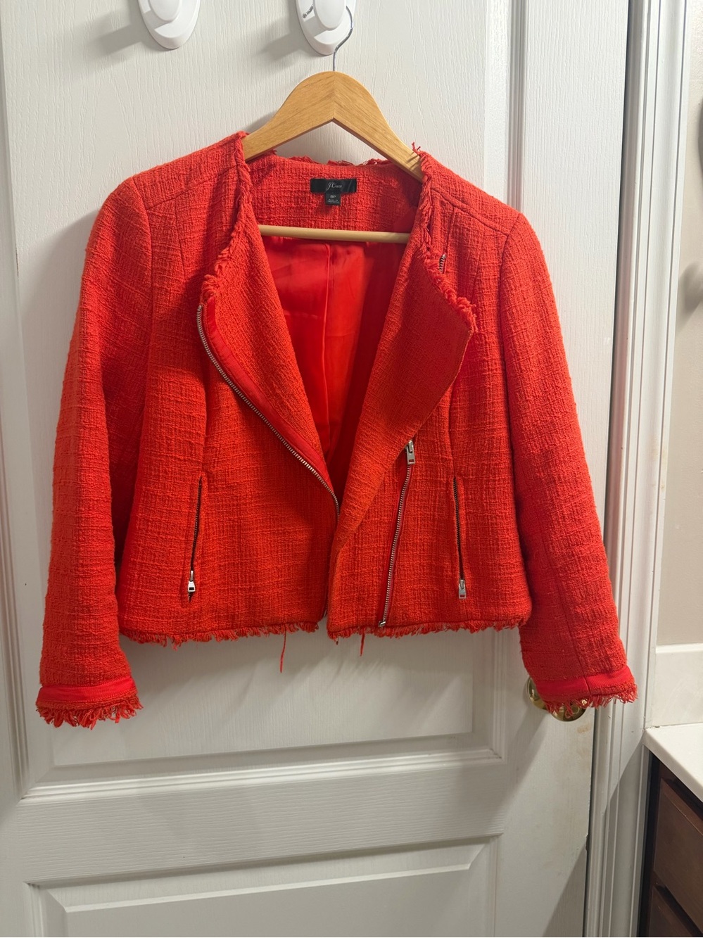 J Crew Red Tweed Moto Jacket with fringe